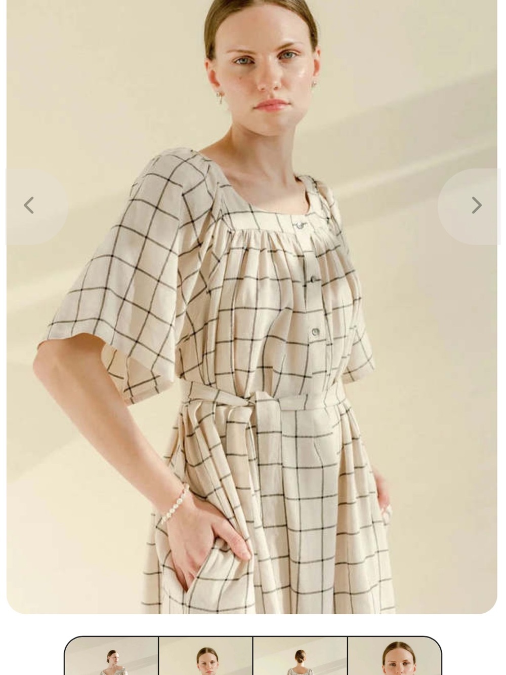 Cream Windowpane Square-Neck Dress with Tie Waist